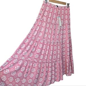Shore - Pink & White Printed Viscose Tiered Midi Skirt Boho NWT Size Small